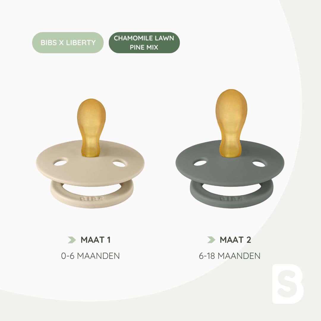 BIBS X Liberty Chamomile Lawn fopspeen met dental speen van natuurrubber in de kleuren pine en vanilla