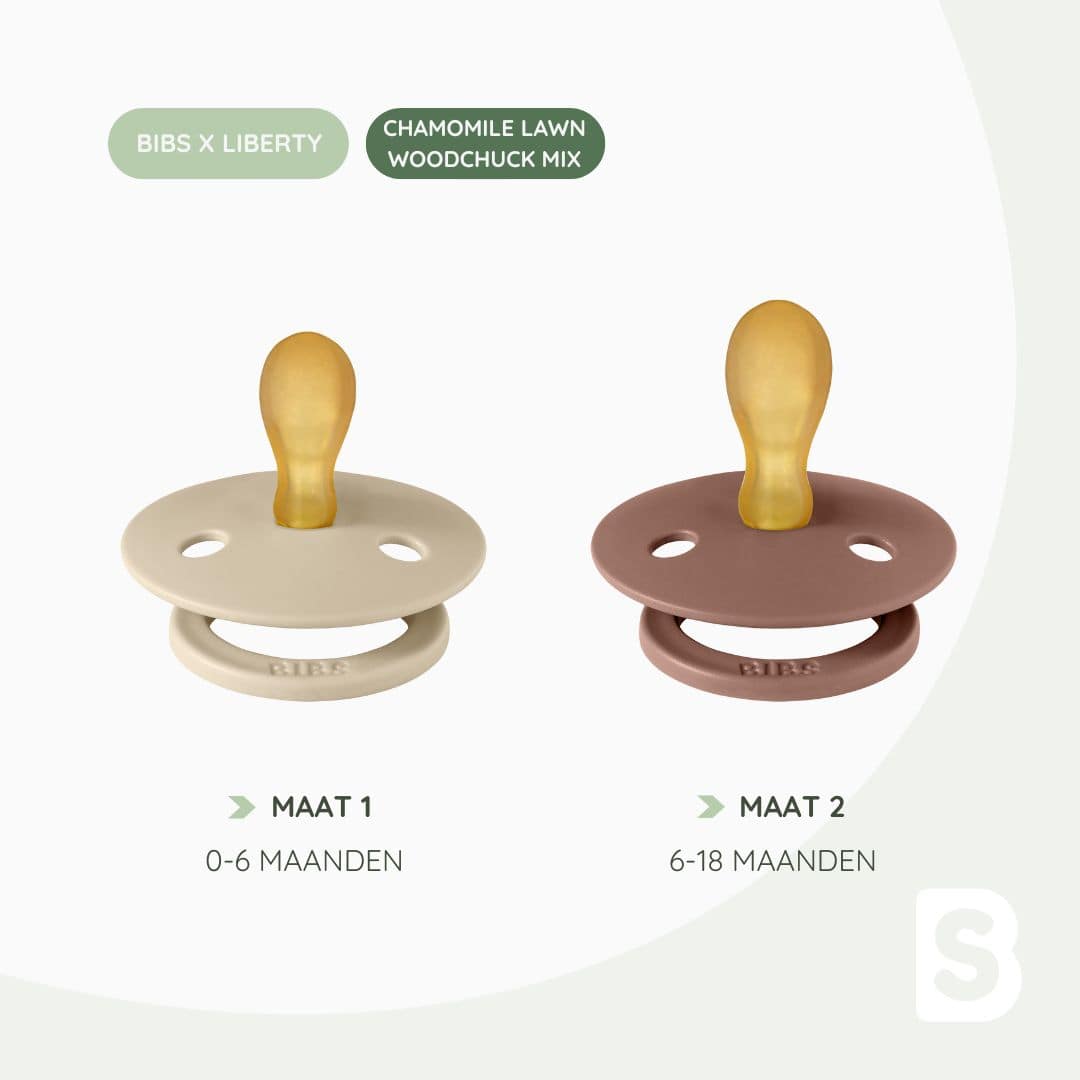 BIBS X Liberty Chamomile Lawn fopspeen met platte symmetrische speen van natuurrubber in de kleuren woodchuck en vanilla