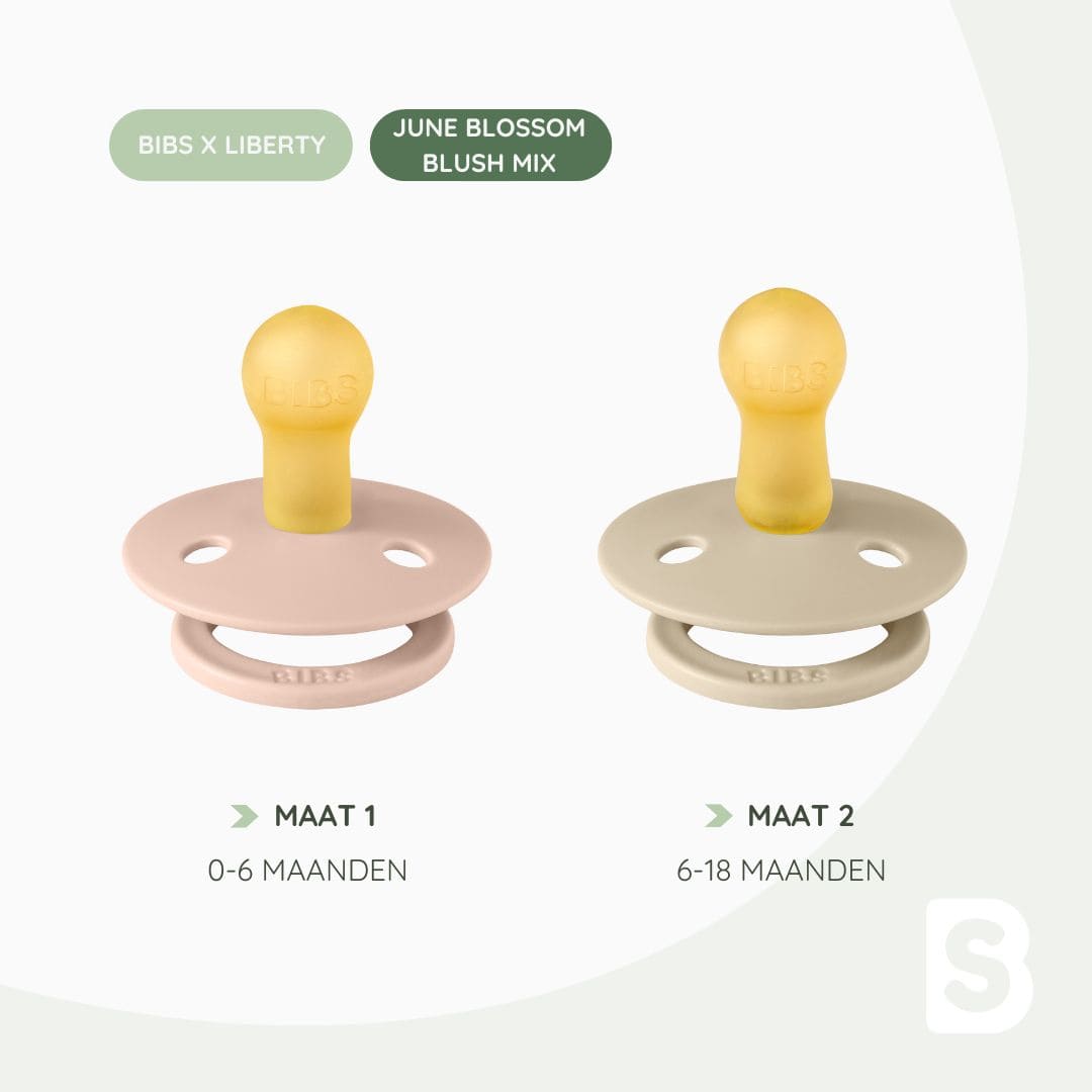 BIBS fopspenen met ronde speen van 100% natuurlijk rubber met Liberty June Blossom print in de kleuren blush roze en vanilla beige
