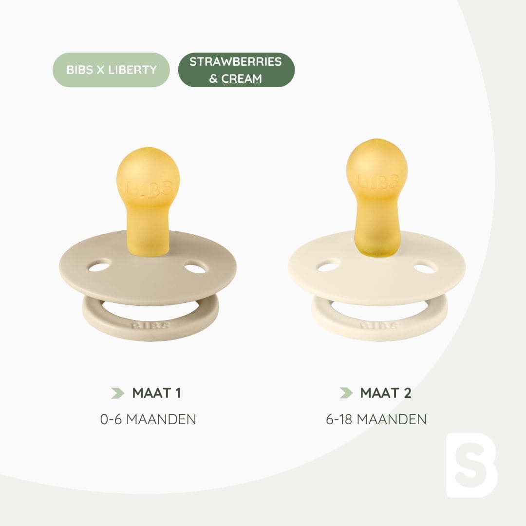 BIBS X Liberty SS24 Colour fopspeen met ronde speen van 100% natuurlijk rubber met motief Strawberries en Cream in de kleur ivory wit en vanilla beige