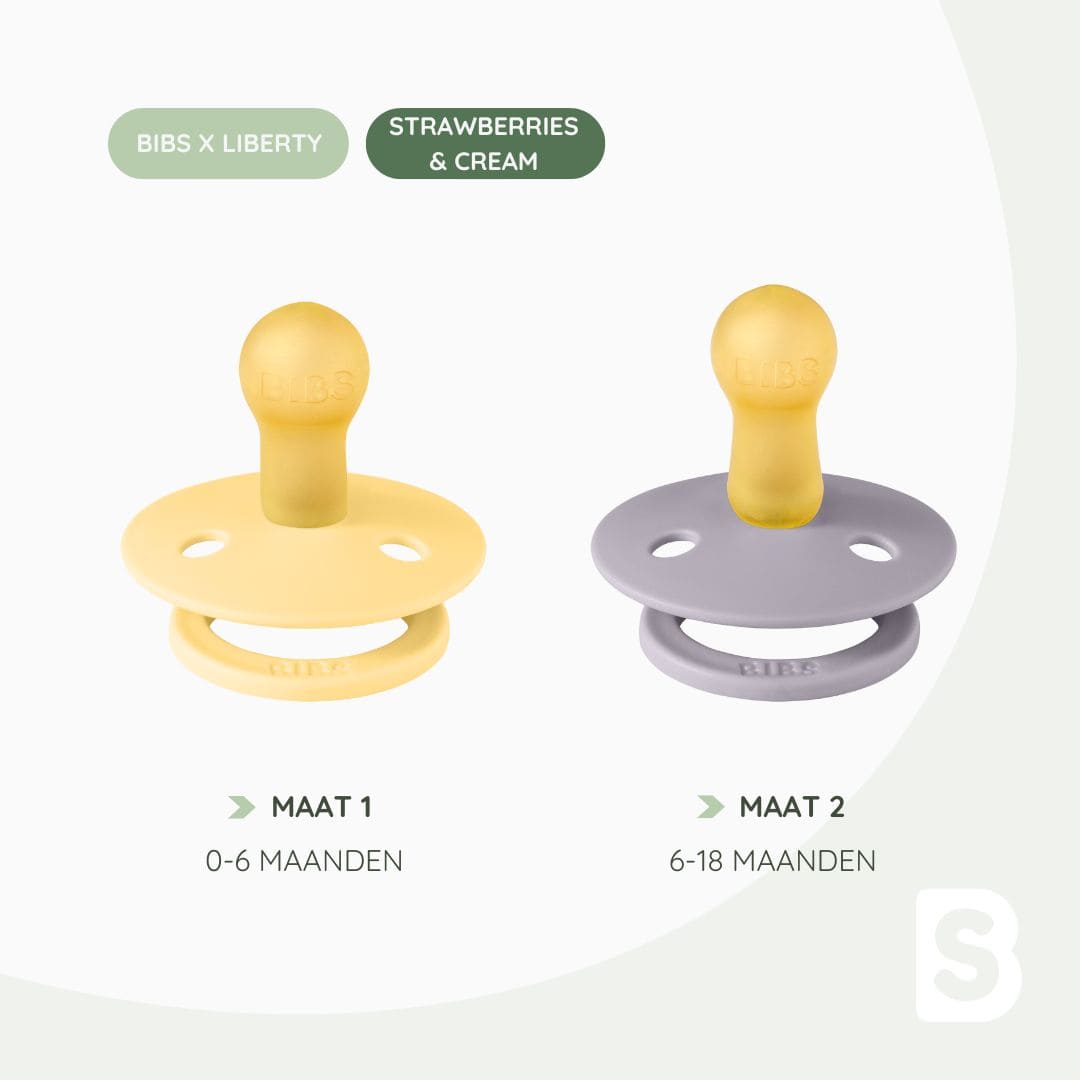 BIBS fopspeen met ronde speen van 100% natuurlijk rubber Liberty London strawberries en Cream in de kleur pale butter geel en fossil grey paars