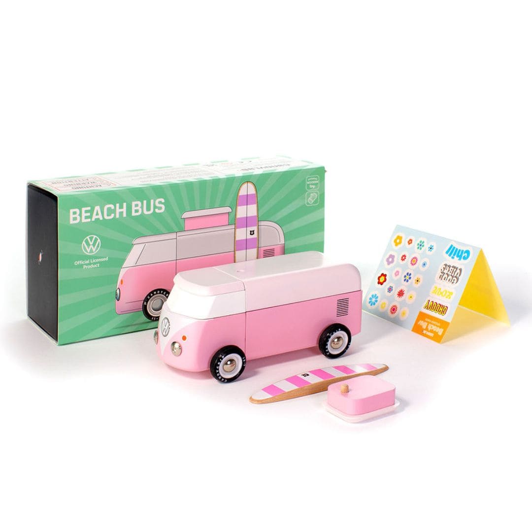 Houten speelgoed beach bus pink met surfplank