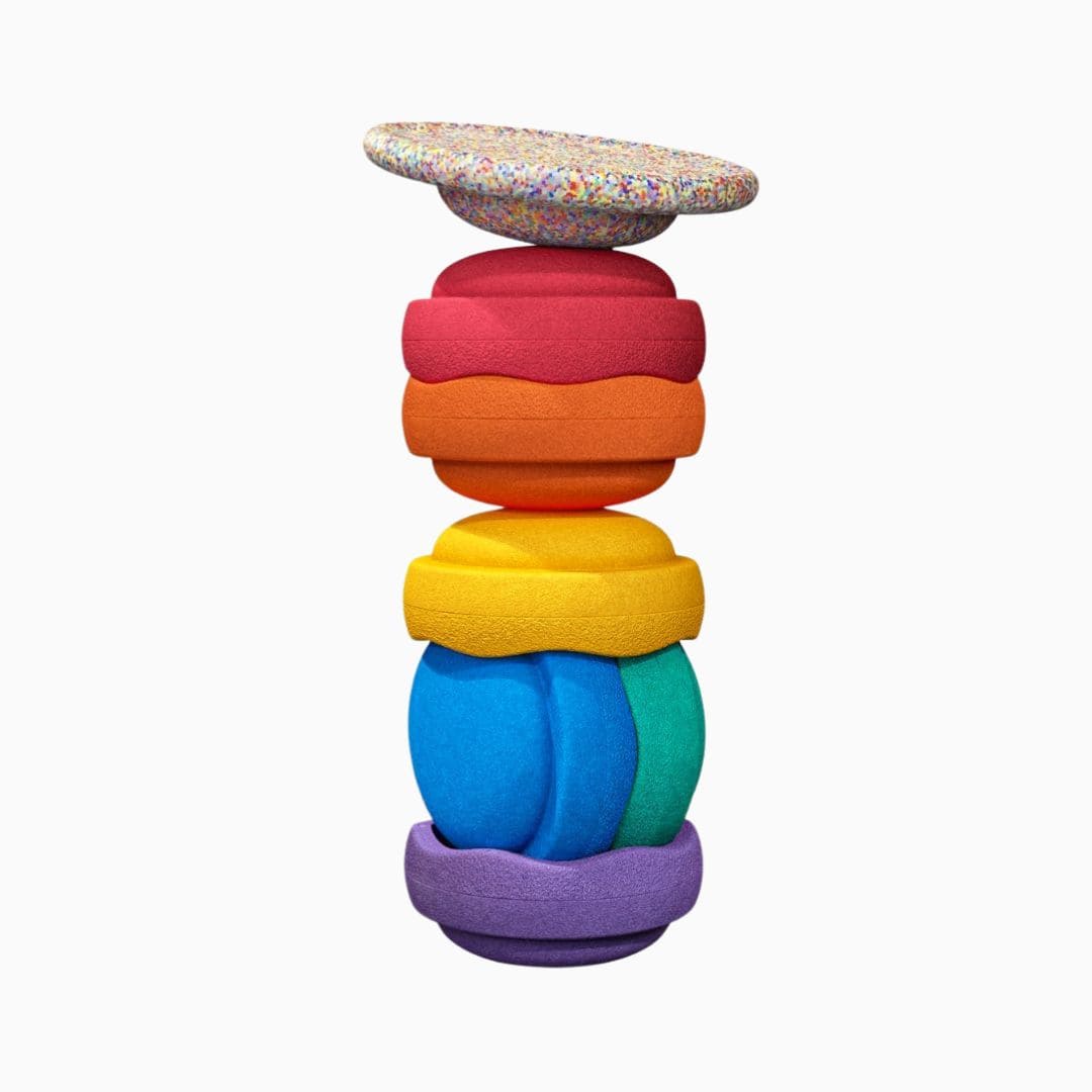 Stapelstein 6 + 1 set rainbow met 6 stapelstenen en 1 balance board super confetti