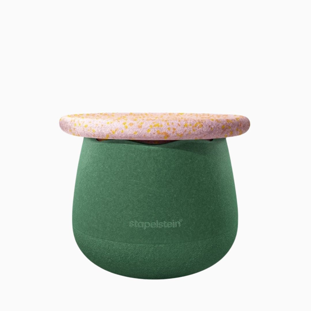 Stapelstein spring special dynamic small met donker groene base en balansbord petal in licht roze met gele en oranje spikkels