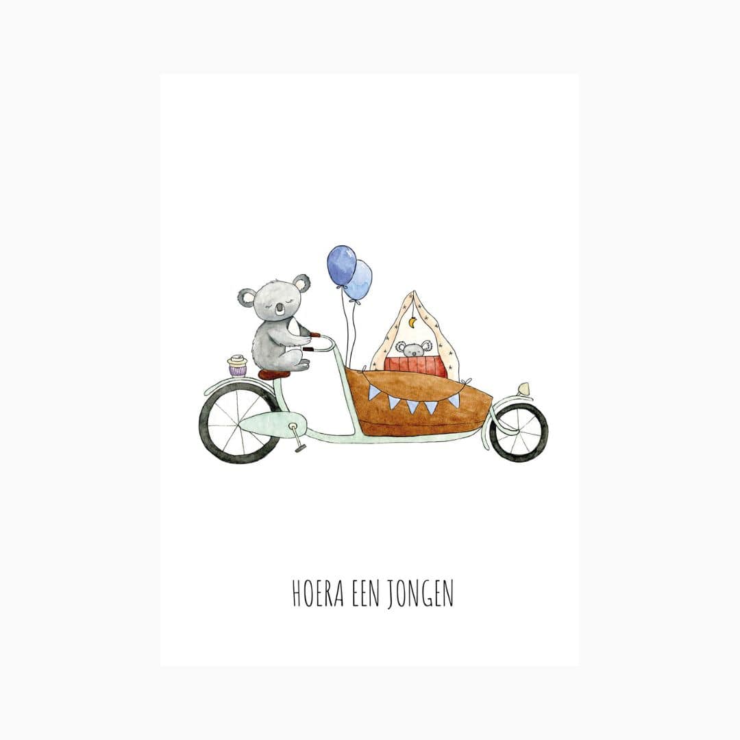Handgeschreven wenskaart hoera een jongen met koala van Juulz illustration
