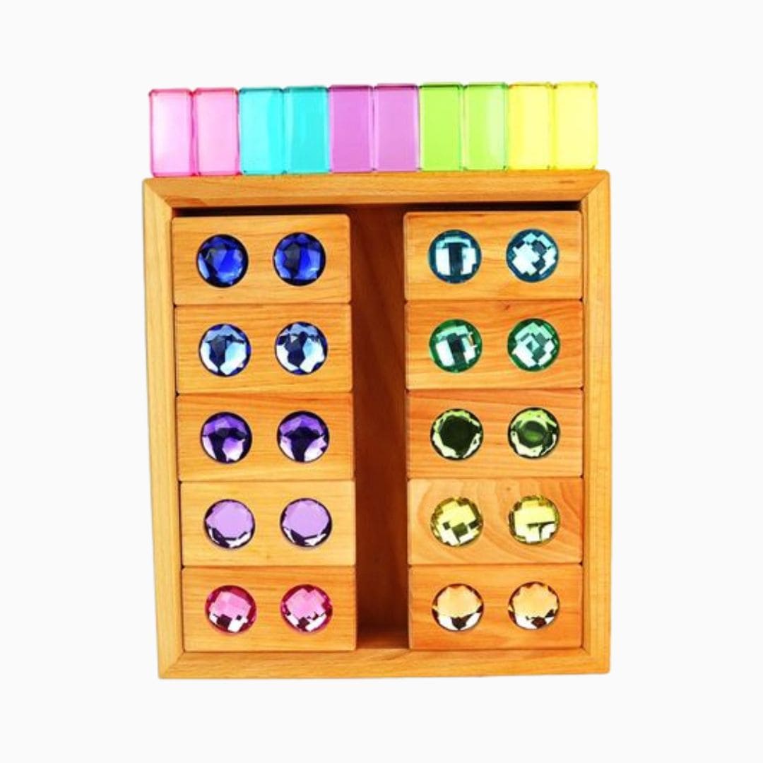 Bauspiel houten blokkenset glinsterblokken en lichtdoorlatende blokken in pastelkleuren