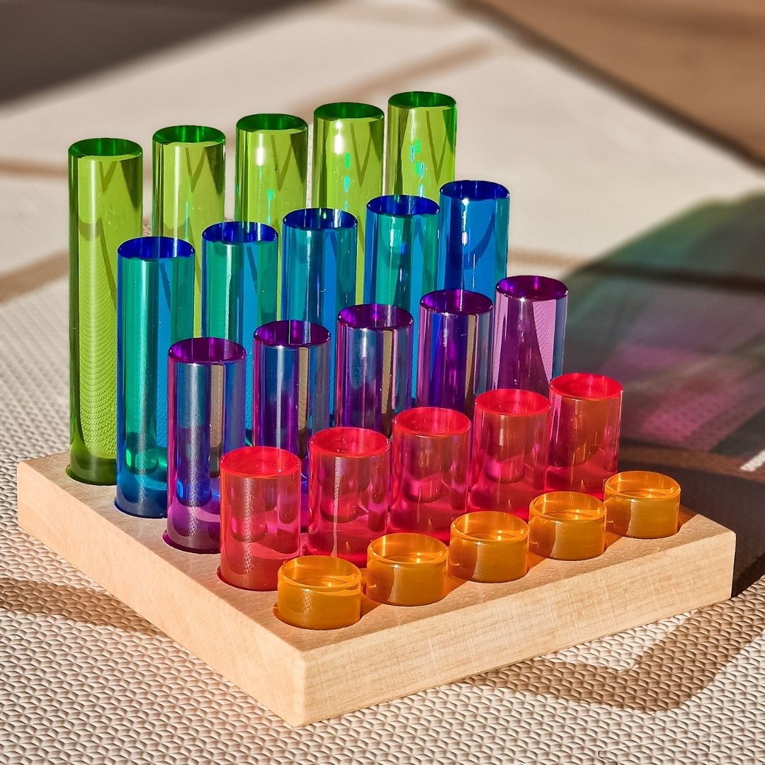 Bauspiel blokkenset met acrylblokjes in cilindervorm en houder