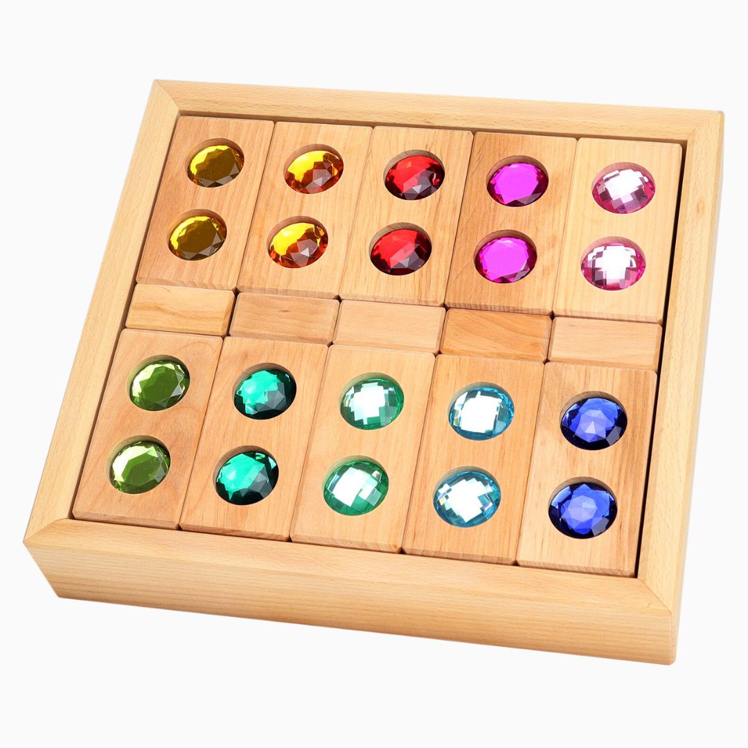 Bauspiel houten blokken set met glinsterblokken en licht doorlatende vensterblokken 25 stuks