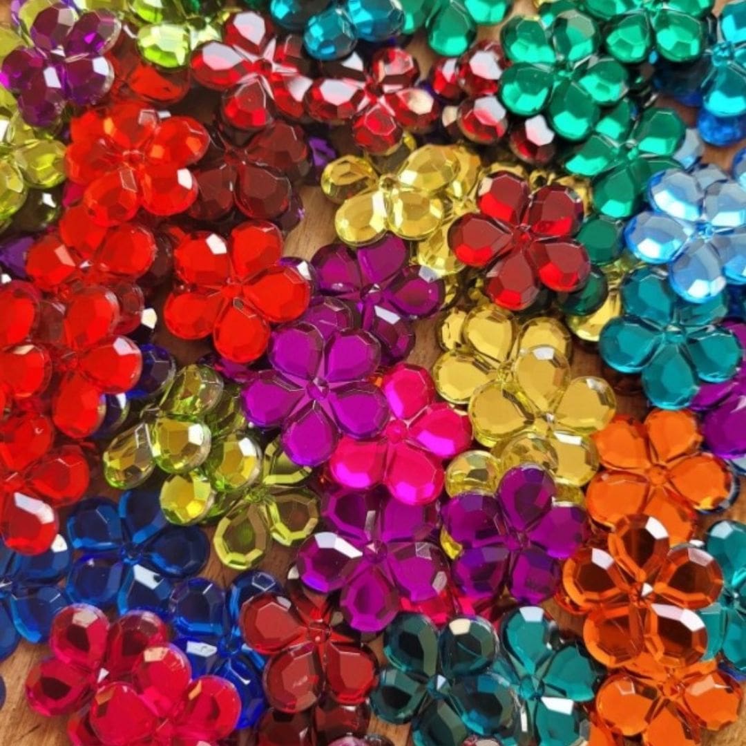 Bauspiel bloemvormige glitterstenen in 12 kleuren