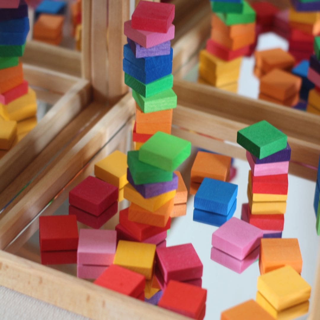 Bauspiel houten blokkenset met 100 houten blokjes in regenboog kleuren