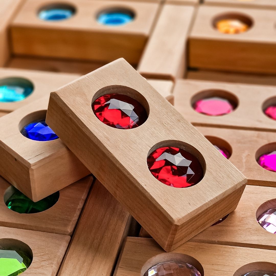 Bauspiel houten blokken set XL met glitterstenen 45 stuks