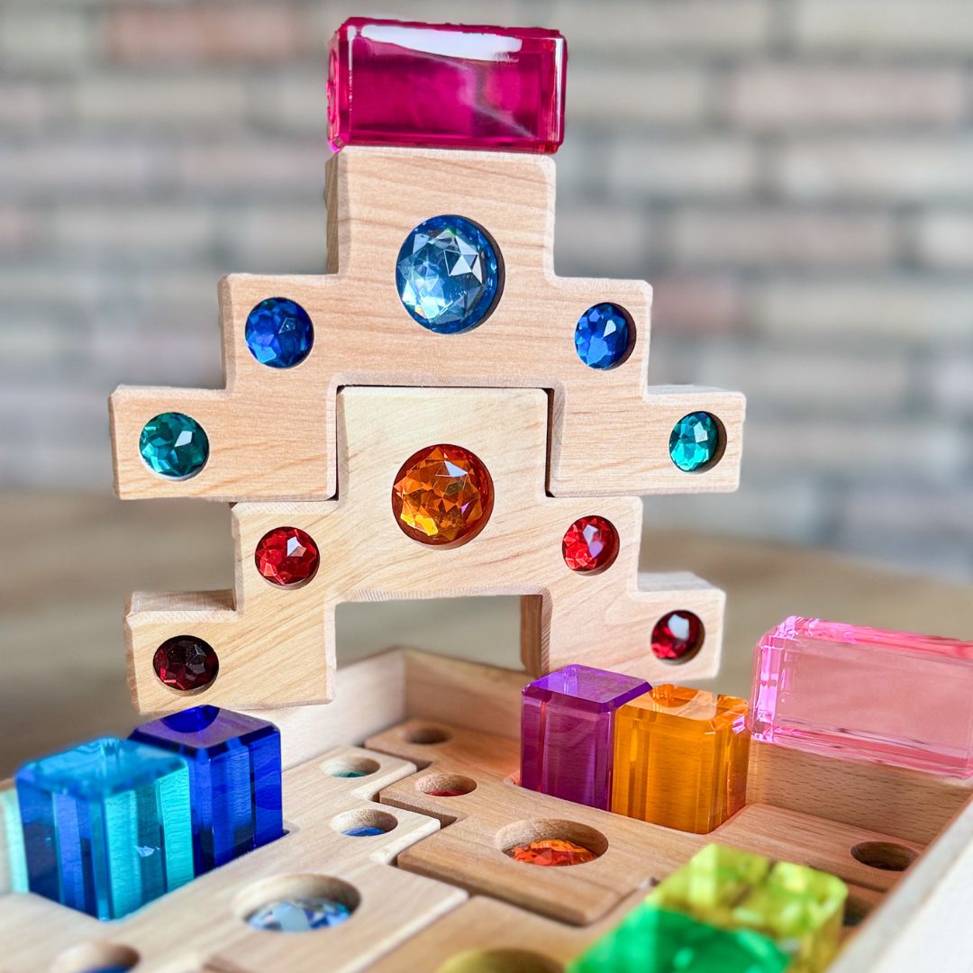 Bauspiel houten blokkenset met licht doorlatende acryl blokken en trapblokken met glinsterstenen