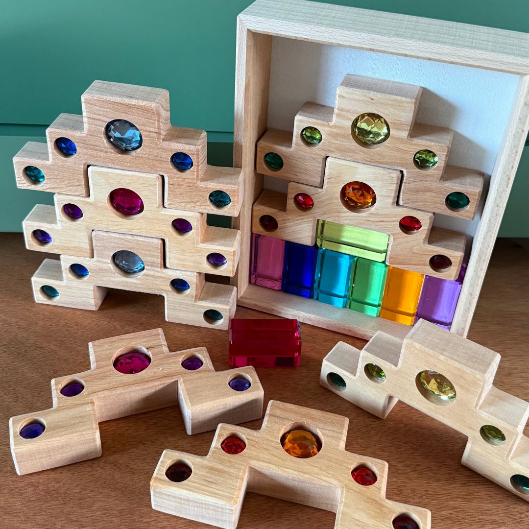Bauspiel houten blokkenset met licht doorlatende acryl blokken en trapblokken met glinsterstenen