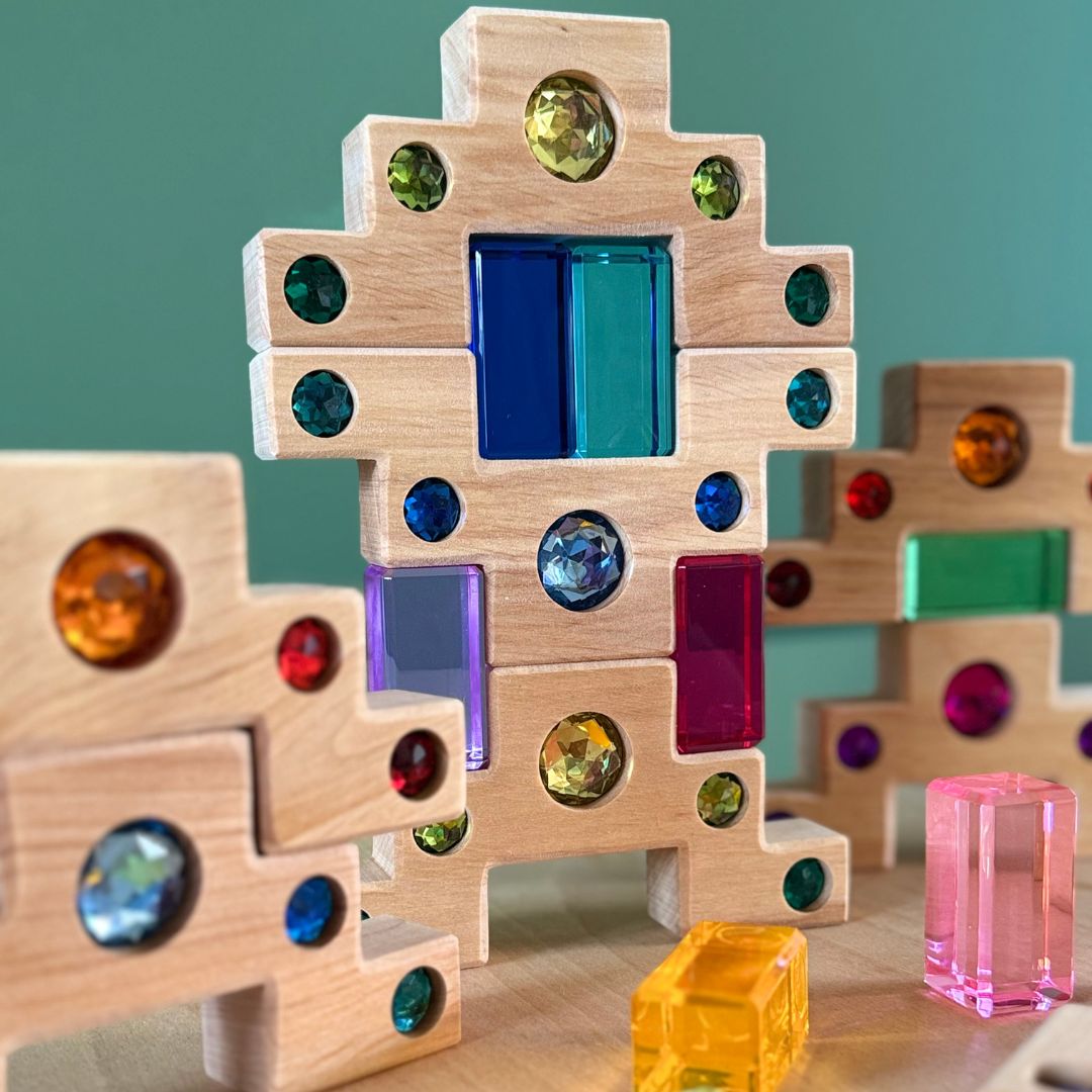 Bauspiel houten blokkenset met licht doorlatende acryl blokken en trapblokken met glinsterstenen