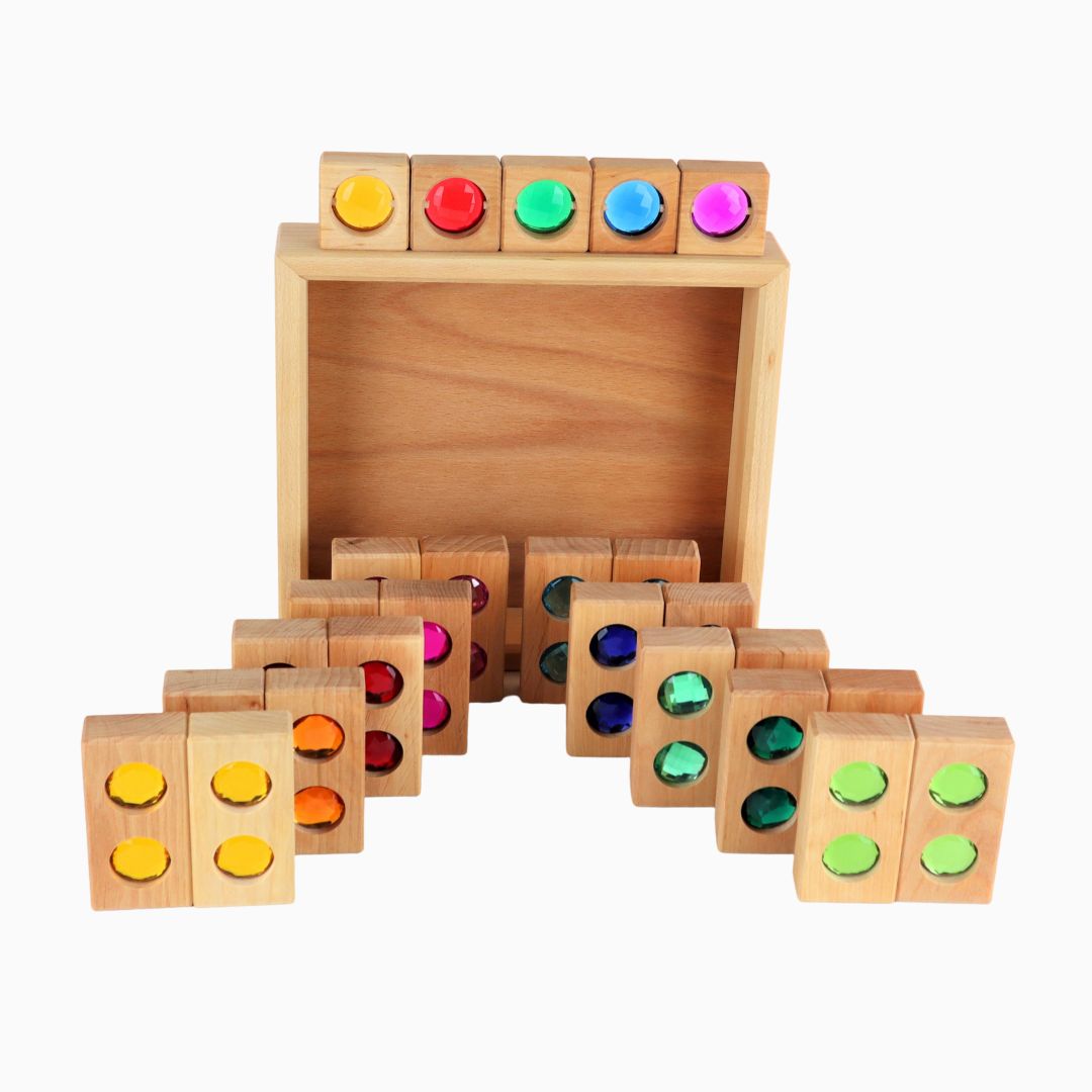 Bauspiel houten blokken set met glinsterblokken en licht doorlatende vensterblokken 25 stuks