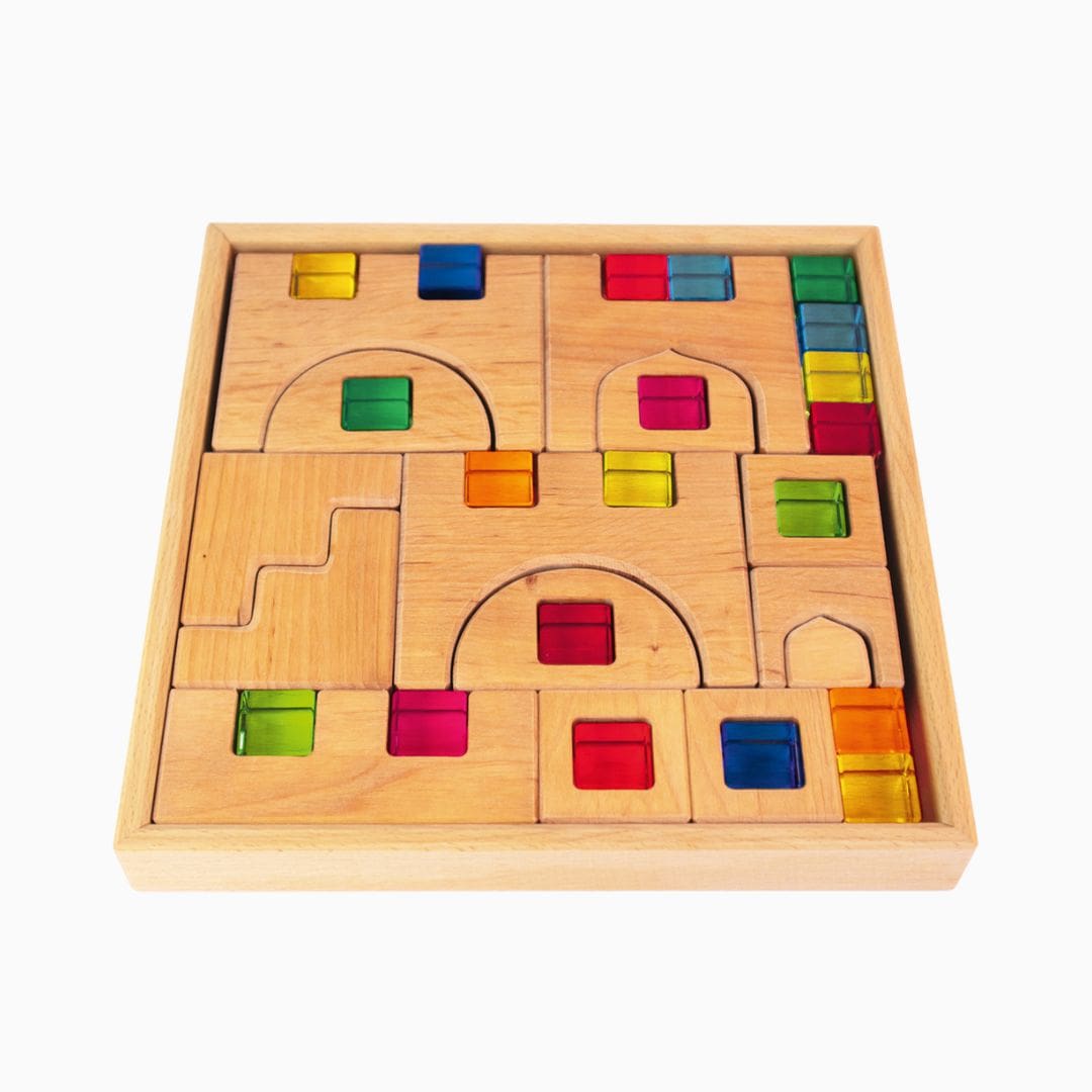 Bauspiel houten blokken set met kasteel blokken en licht doorlatende lucent cubes in houten opbergdoos