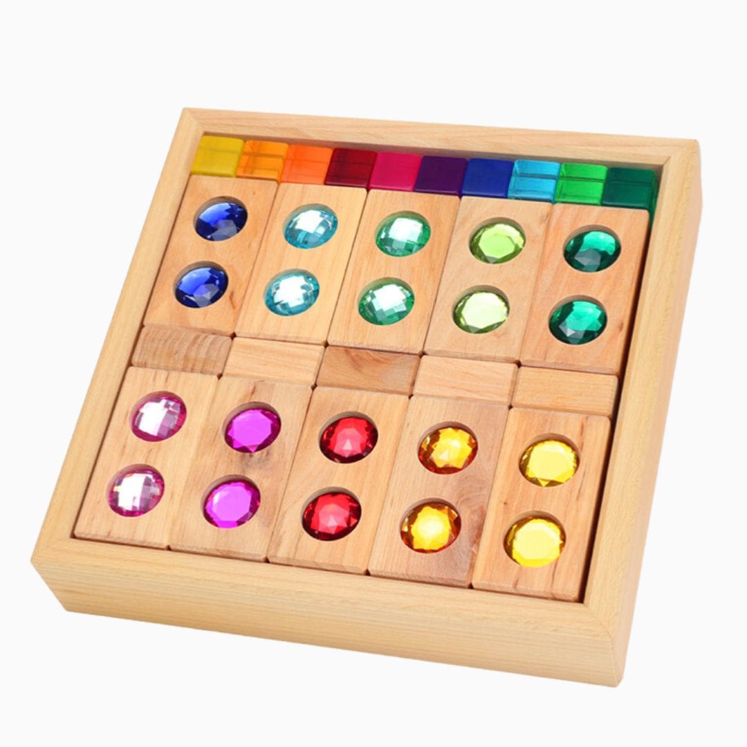 Bauspiel blokken set met vensterblokken, glinsterblokken en licht doorlatende acryl blokjes