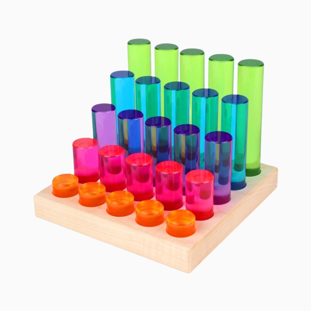 Bauspiel blokkenset met acrylblokjes in cilindervorm en houder