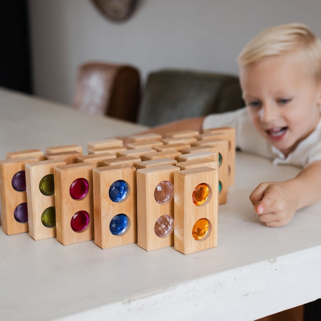 Bauspiel houten blokken set met glinsterblokken en licht doorlatende vensterblokken 25 stuks
