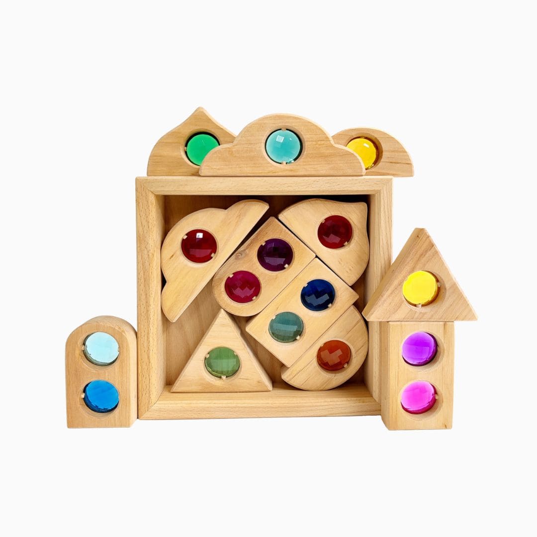 Bauspiel houten blokkenset met sprookjesvensterblokken 12 stuks in een houten box