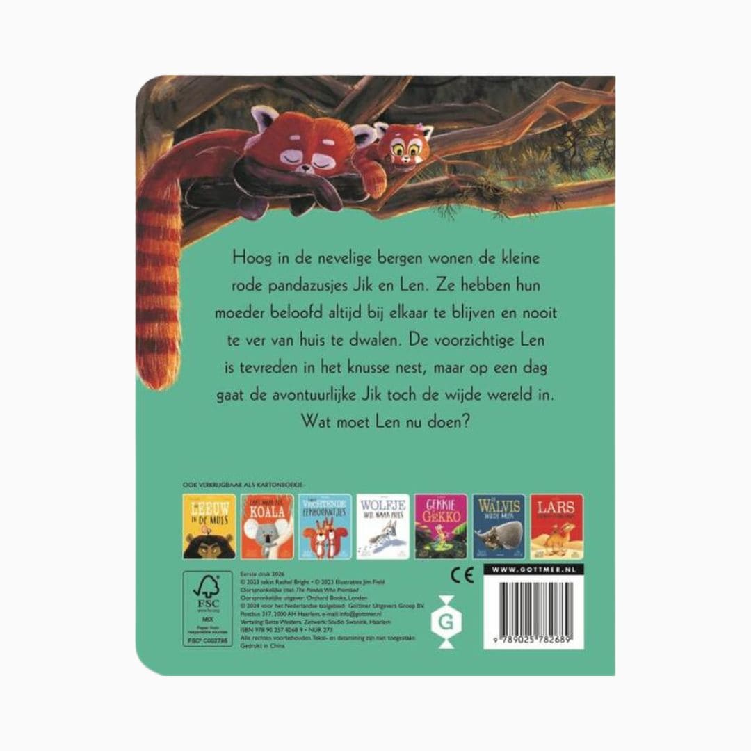 Kartonnen versie van het prentenboek 'Beloofd is beloofd, kleine panda's' van Rachel Bright