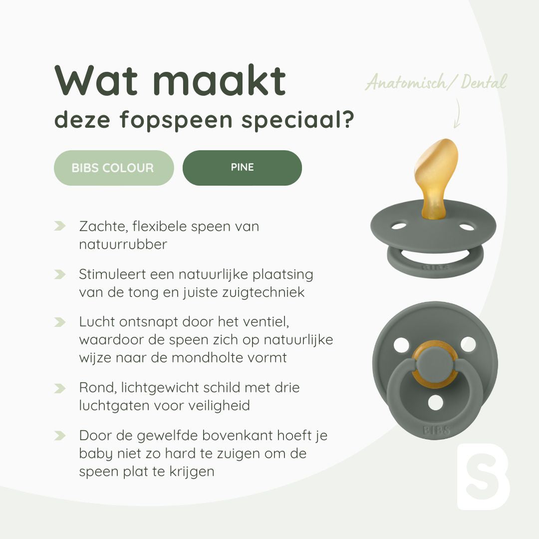 BIBS Colour fopspeen met ronde kersvormige speen van latex in maat 1 en 2 in de kleur pine