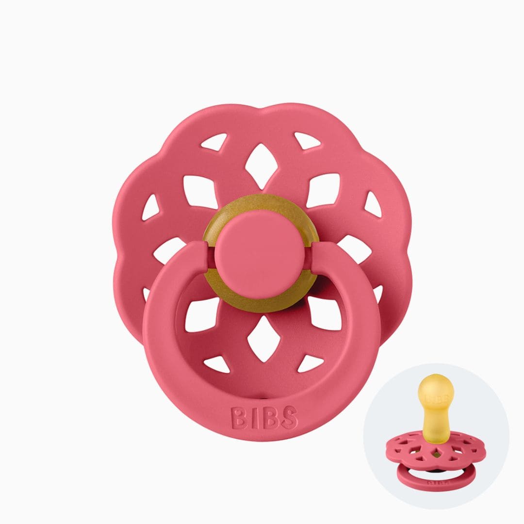 BIBS Boheme fopspeen met ronde speen van natuurrubber in maat 1 of 2 in de knal roze kleur coral