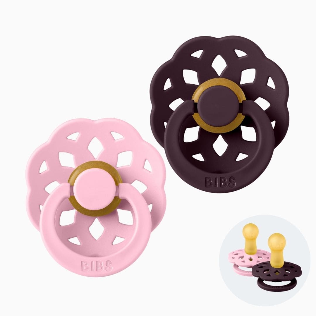 BIBS Boheme fopspeen met ronde speen van latex in de kleuren plum paars en baby pink roze