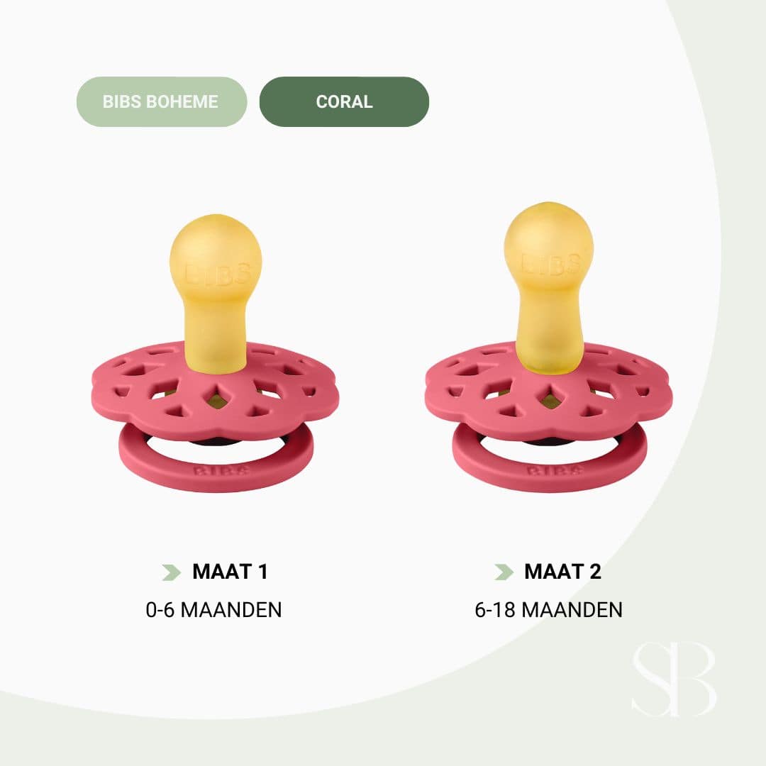 BIBS Boheme fopspeen met ronde speen van natuurrubber in maat 1 of 2 in de knal roze kleur coral