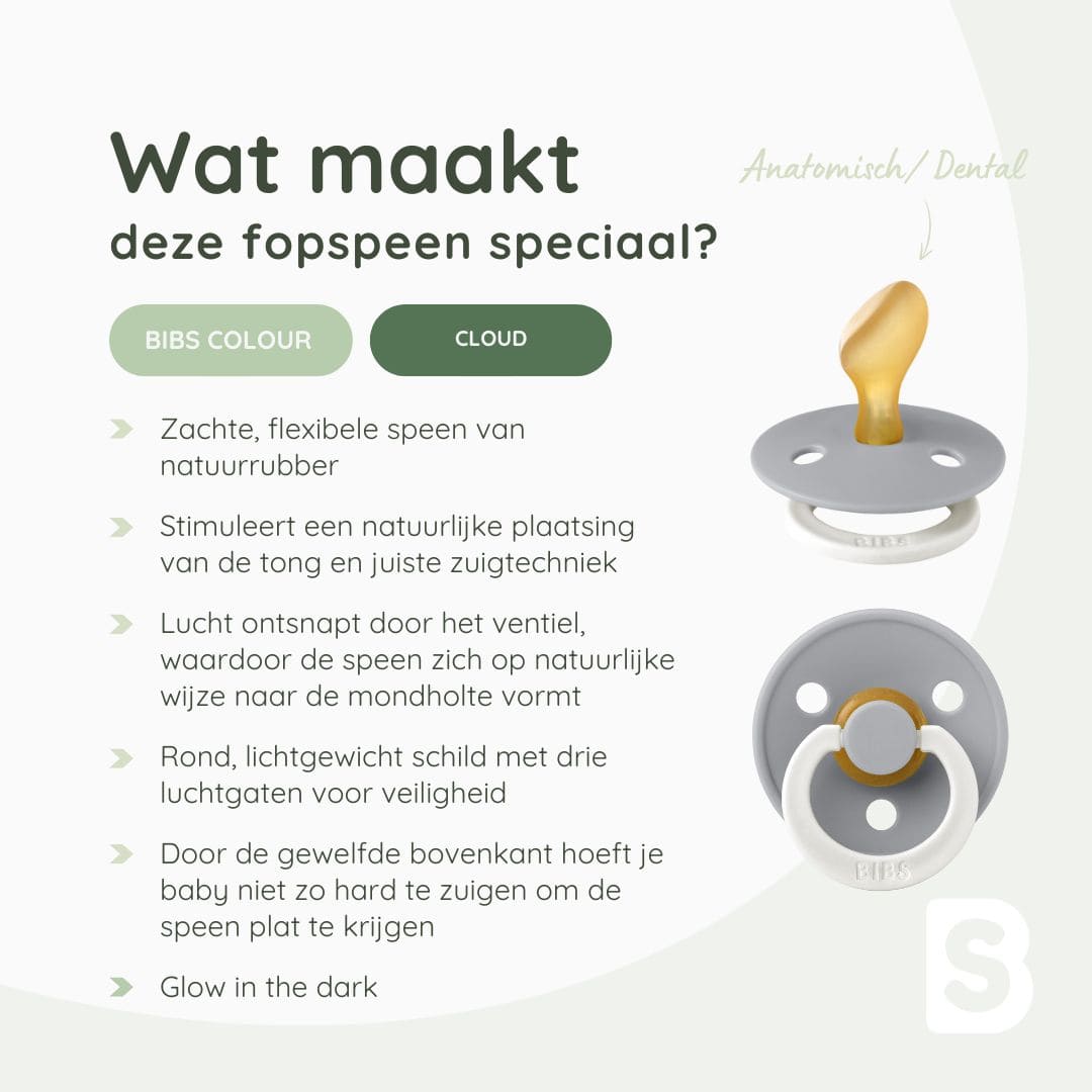 BIBS glow in the dark fopspeen met anatomische speen in de kleur cloud grijs