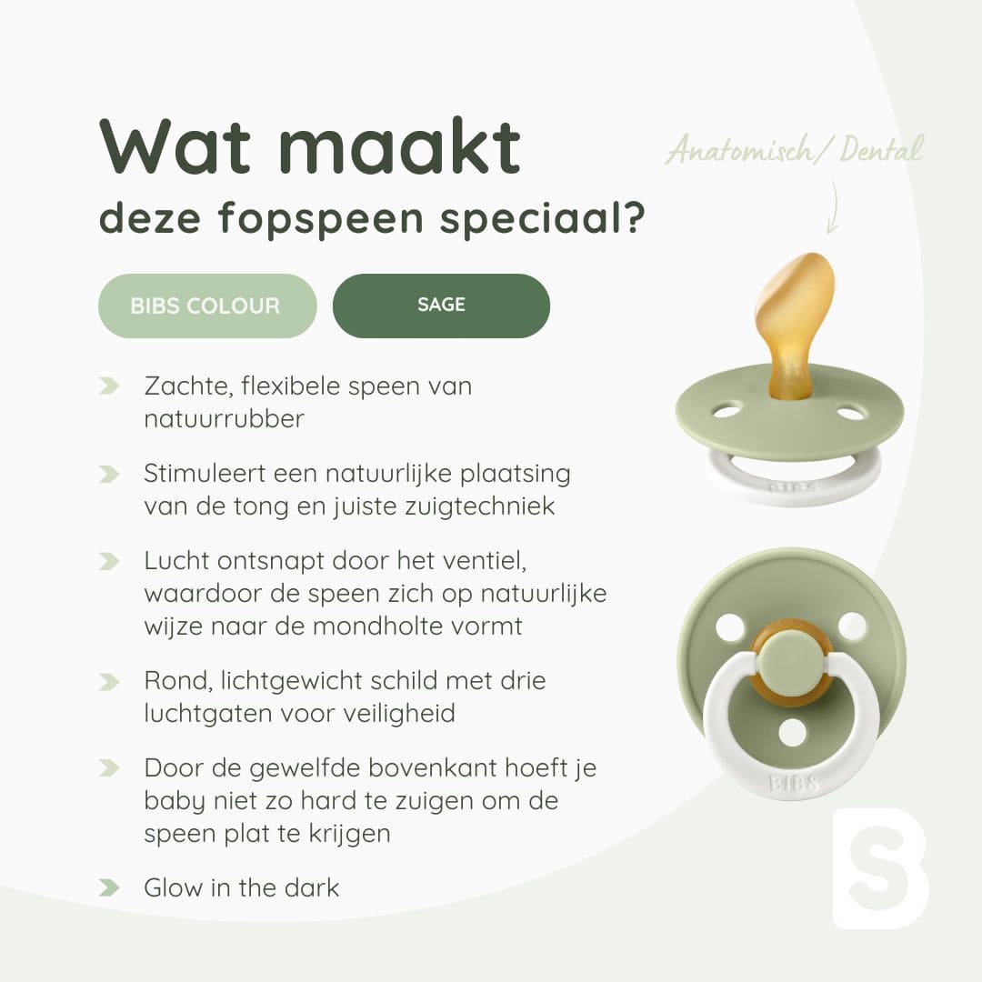 BIBS glow in the dark fopspeen met anatomische speen in de kleur sage oudgroen