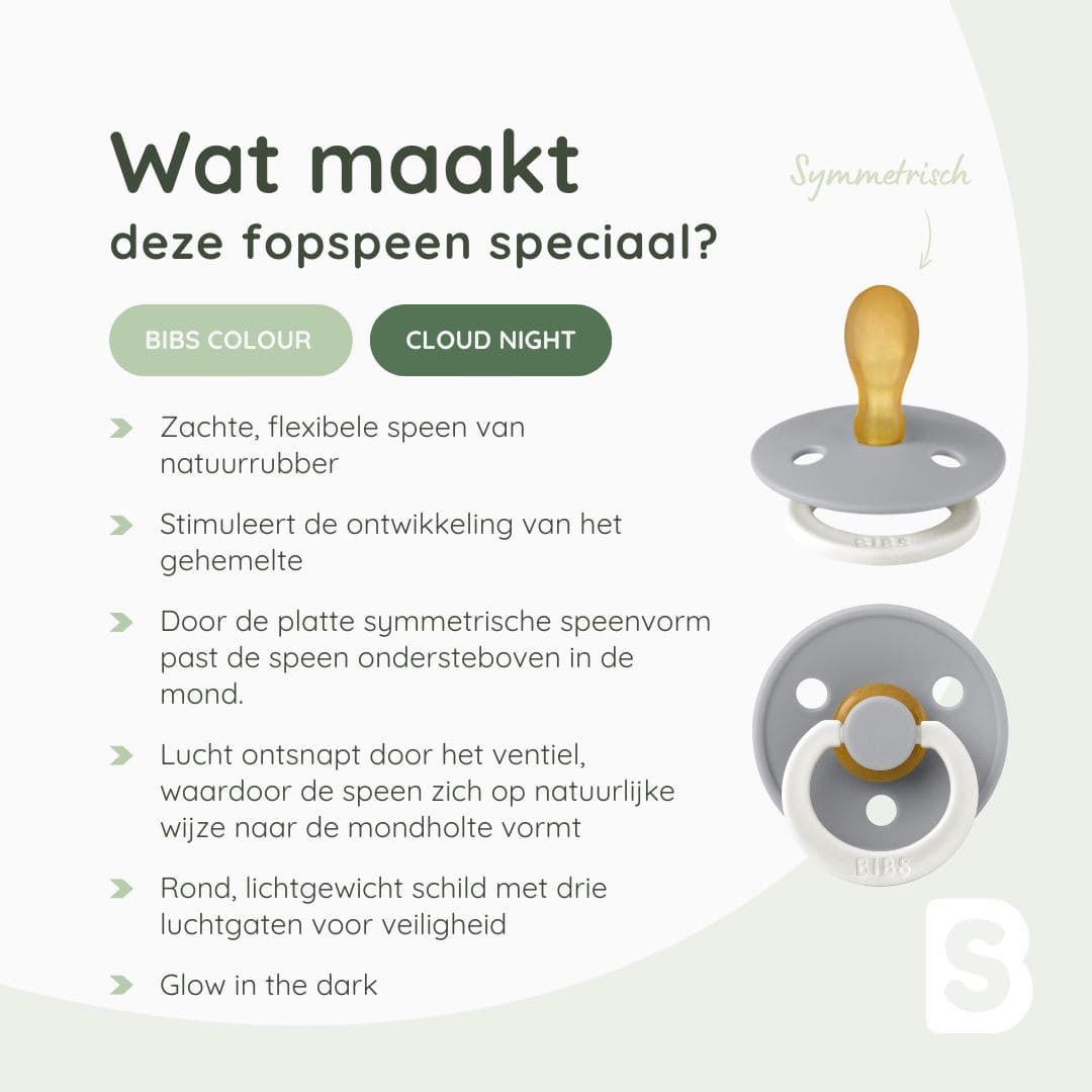 BIBS glow in the dark fopspeen met symmetrische speen in de kleur cloud grijs