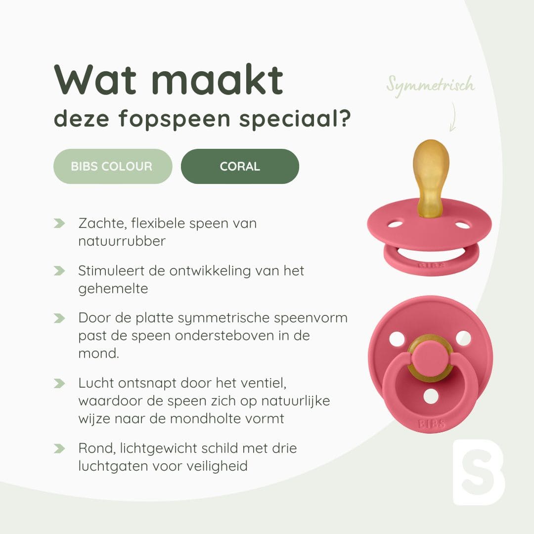 BIBS Colour fopspeen met platte speen van latex in de knalroze kleur coral