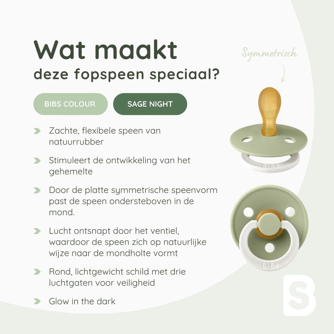 BIBS glow in the dark fopspeen met symmetrische speen in de kleur sage