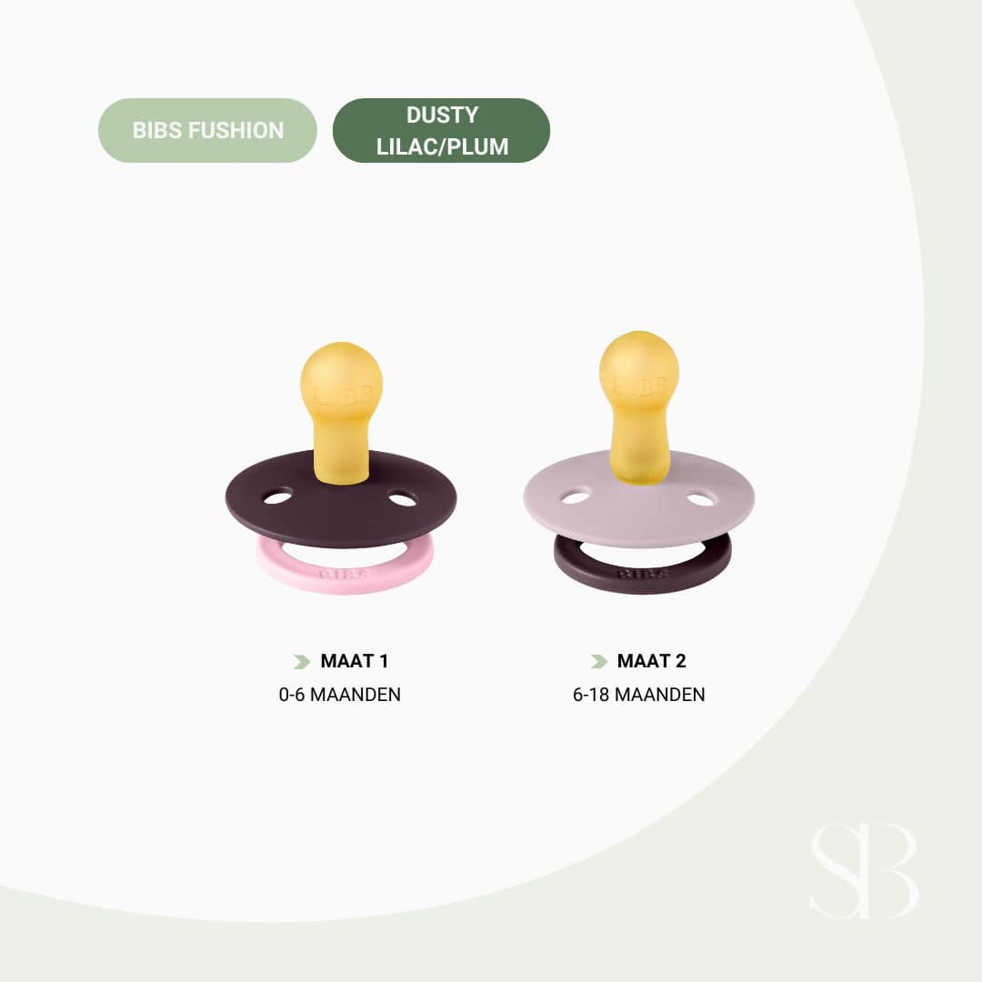 BIBS speen met ronde speenvorm van natuurrubber latex uit de fusion collectie in de paarse tinten dusky lilac en plum