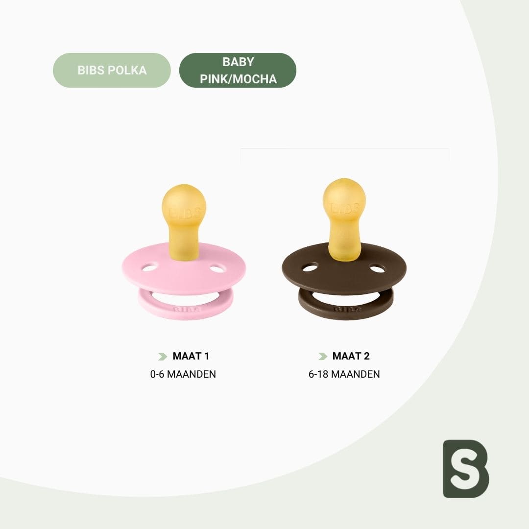 BIBS polka dots fopspeen met stipjes motief met ronde speen van latex in de kleuren baby pink roze en mocha bruin