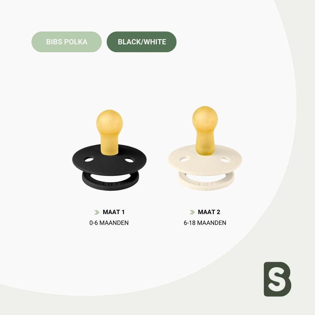 BIBS fopspeen uit de Studio Collectie polkadots met ronde speen van latex in de kleuren ivory wit en black zwart