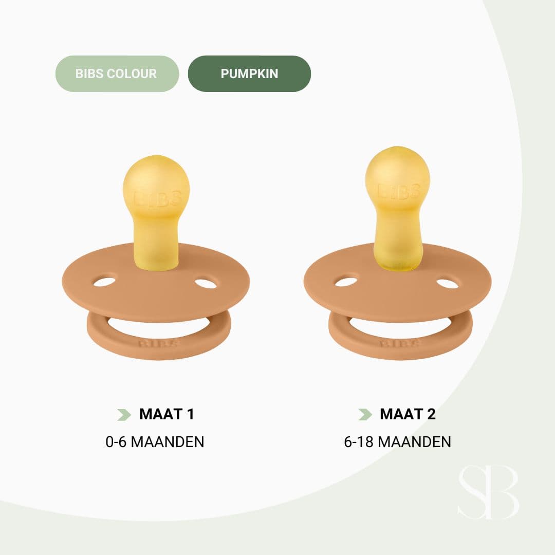 BIBS Colour fopspeen in de kleur pumpkin met ronde kersvormige speen van latex in maat 1 en 2