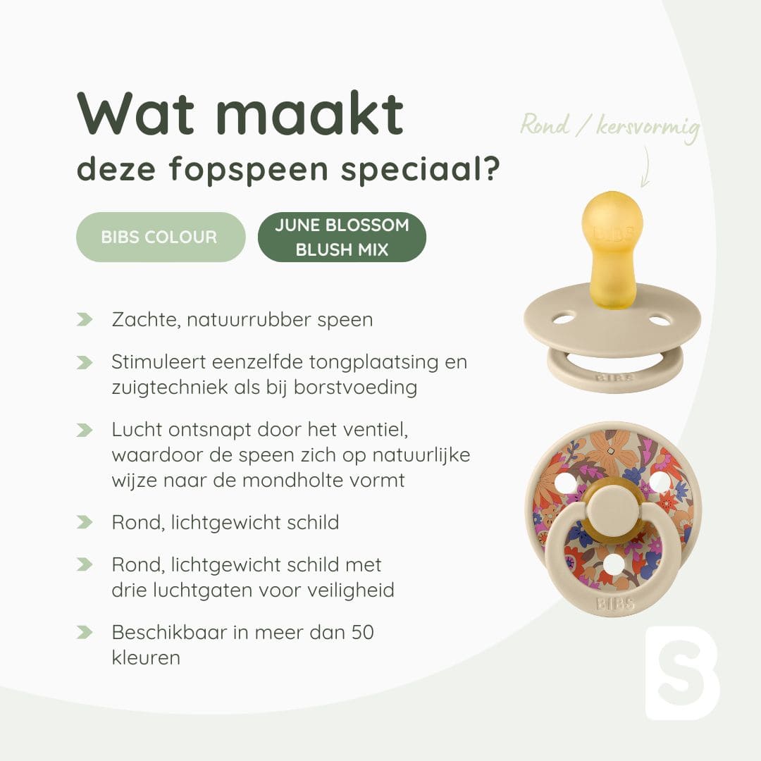 BIBS fopspenen met ronde speen van 100% natuurlijk rubber met Liberty June Blossom print in de kleuren blush roze en vanilla beige