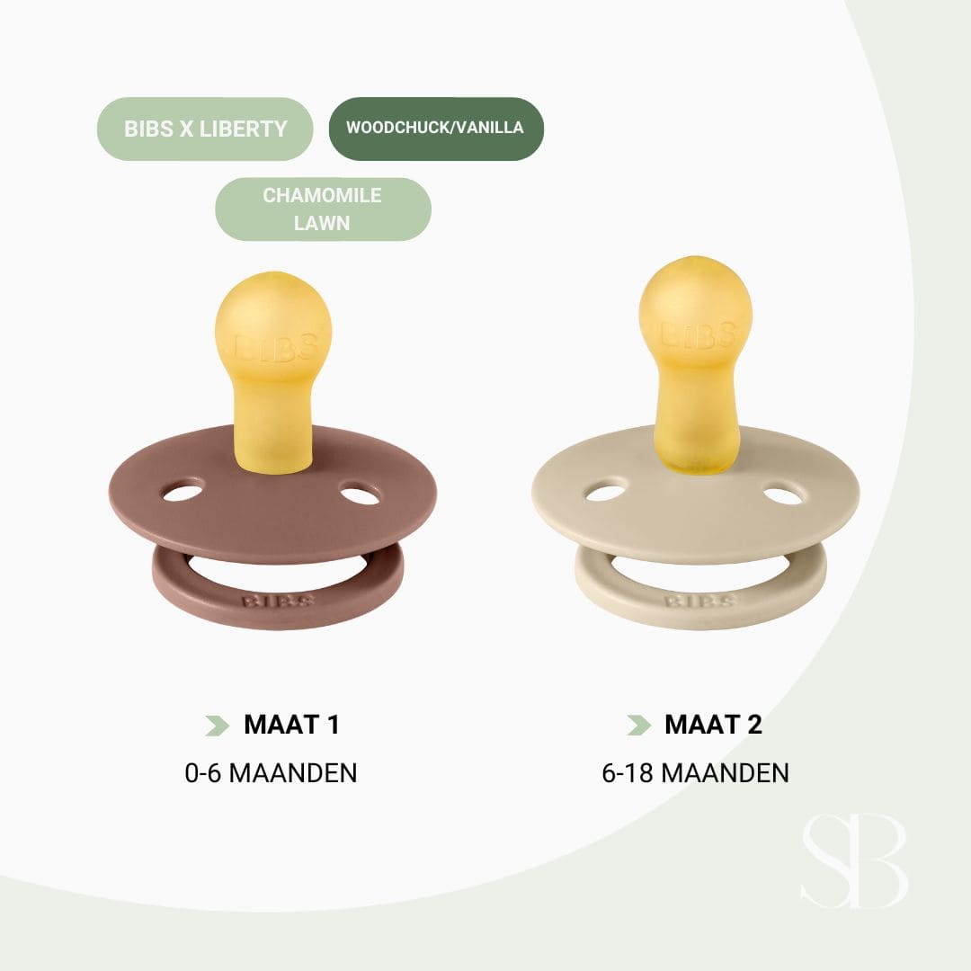 BIBS X Liberty Chamomile Lawn fopspeen met ronde speen van natuurrubber in de kleur woodchuck en vanilla