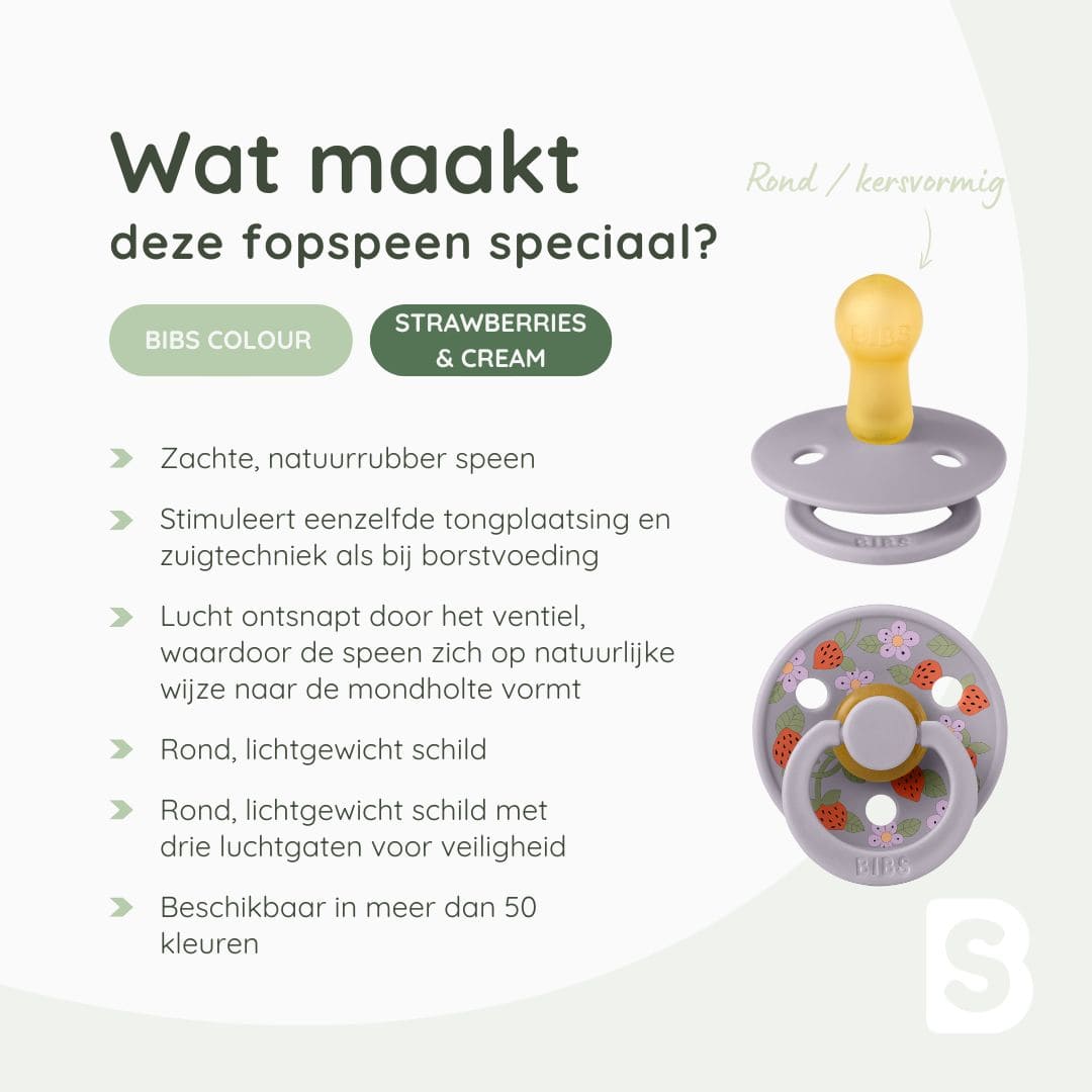 BIBS fopspeen met ronde speen van 100% natuurlijk rubber Liberty London strawberries en Cream in de kleur pale butter geel en fossil grey paars