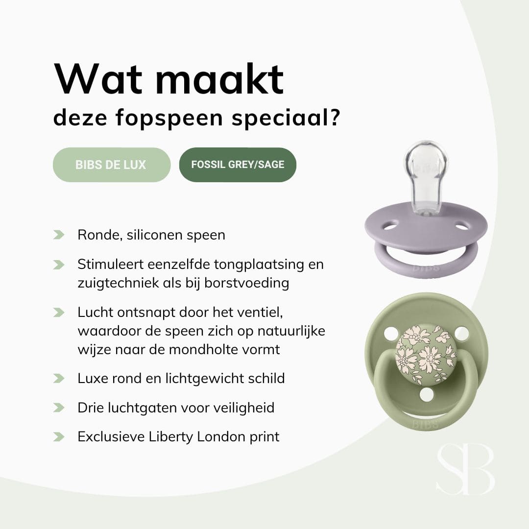 BIBS X Liberty Londen fopspeen met ronde, siliconen speen in de kleur oudgroen sage en oudpaars fossil grey