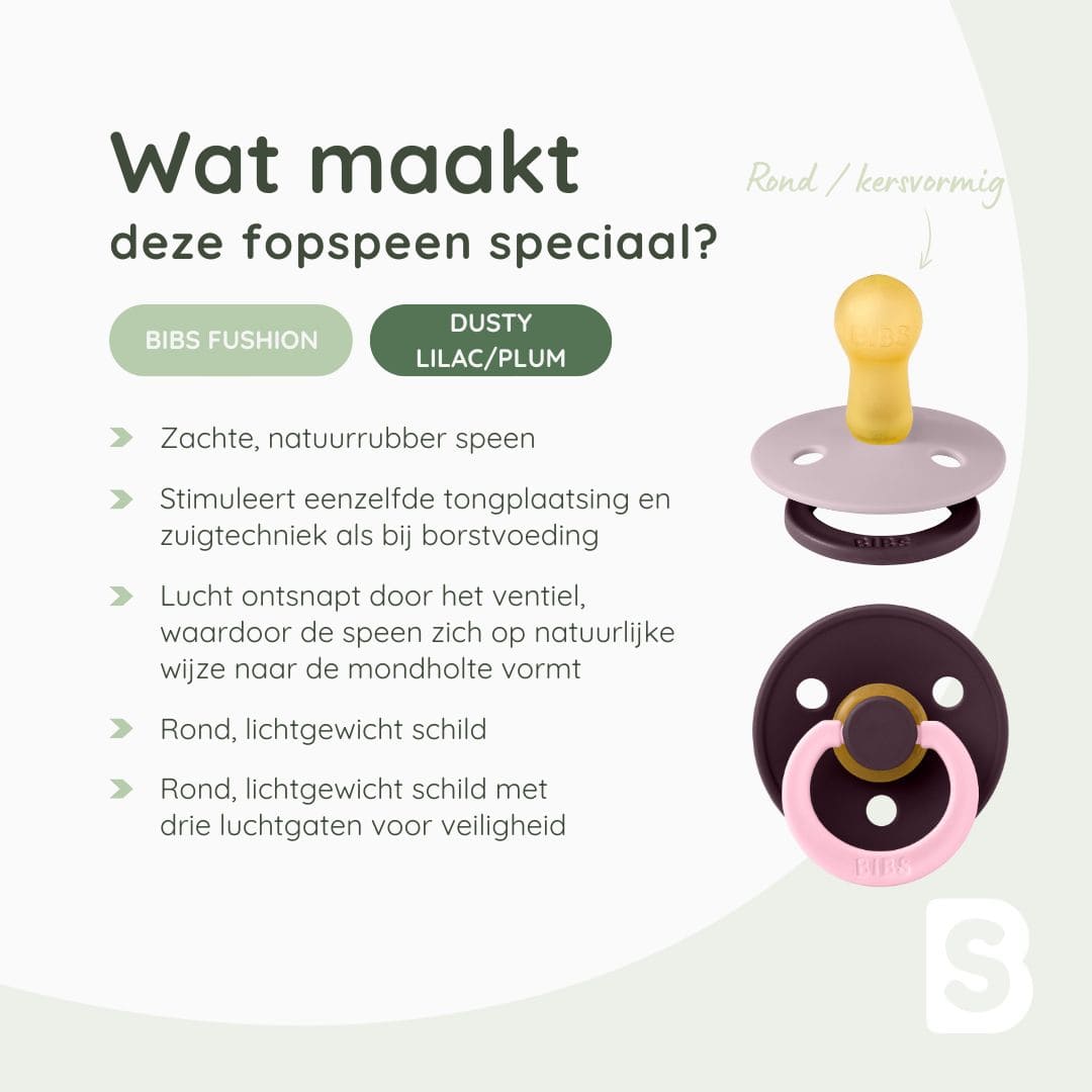 BIBS speen met ronde speenvorm van natuurrubber latex uit de fusion collectie in de paarse tinten dusky lilac en plum