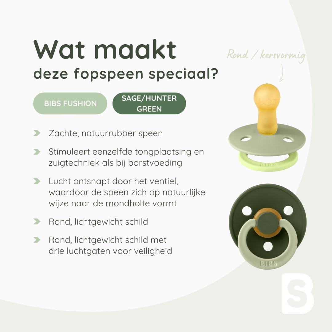 BIBS speen met ronde speenvorm van natuurrubber latex uit de Fushion collectie in de groene kleur sage en hunter green