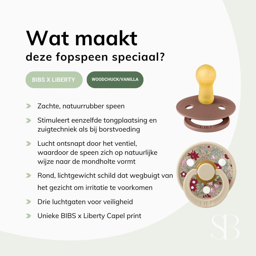 BIBS X Liberty Chamomile Lawn fopspeen met ronde speen van natuurrubber in de kleur woodchuck en vanilla