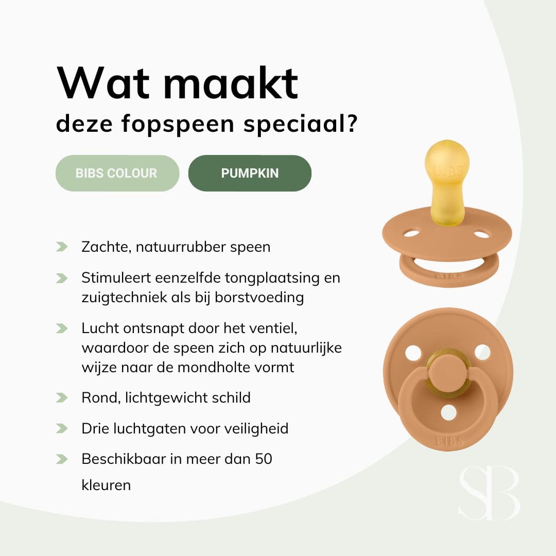 BIBS Colour fopspeen in de kleur pumpkin met ronde kersvormige speen van latex in maat 1 en 2