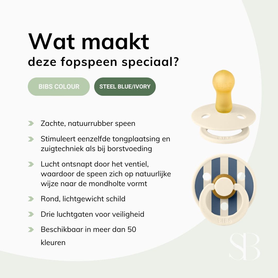 BIBS Studio Collection fopspeen met ronde speen van natuurlijk rubber in de kleuren ivory wit en steel blue donker blauw