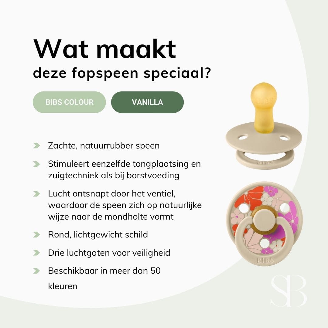 BIBS fopspeen Studio Collection Flowers Child & Morning Bloom met ronde speen van natuurrubber in de kleur beige