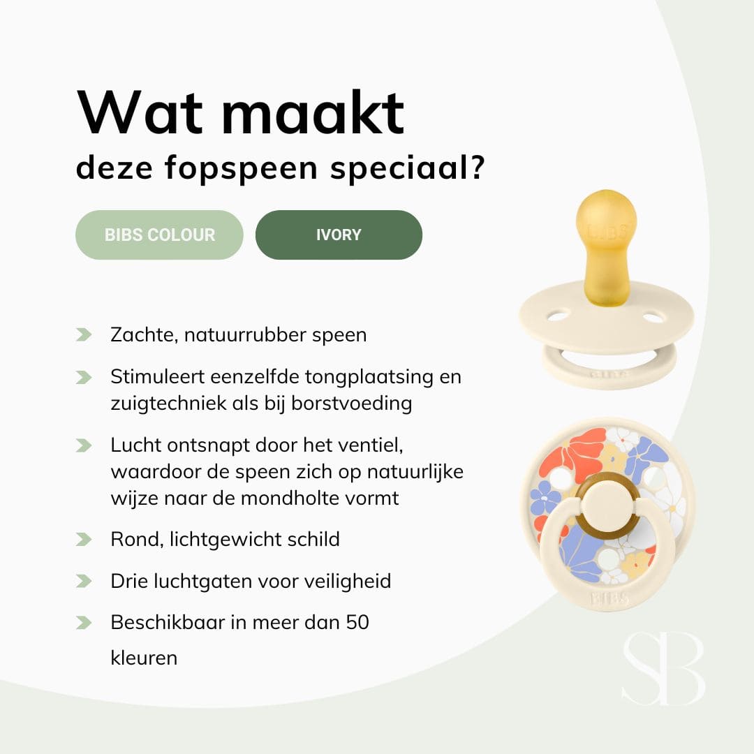 BIBS fopspeen met ronde kersvormige speen van latex uit de Studio Collectie Morning bloom-lijn in de kleur ivory wit