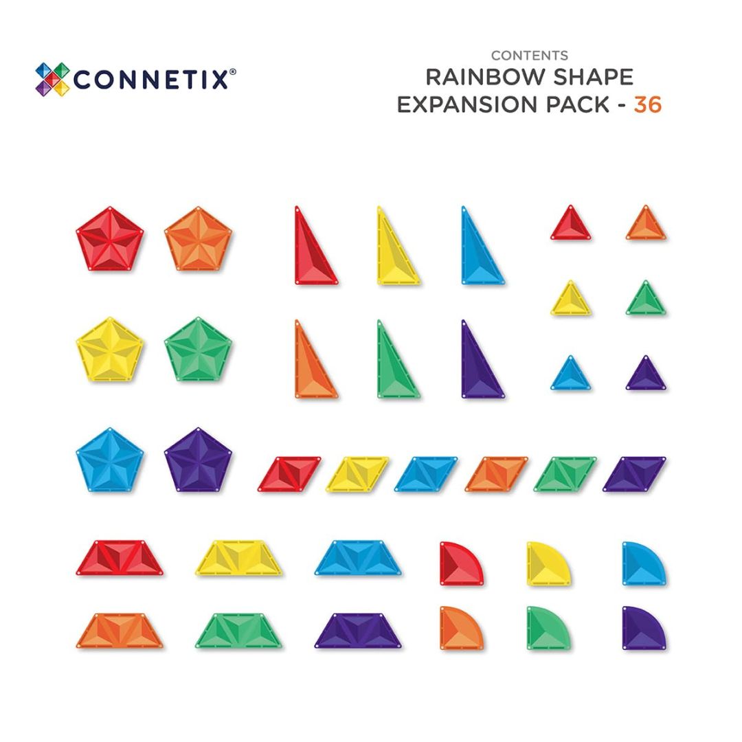 Connetix Rainbow Shape expansion pack met 36 bijzondere vormen magnetische tegels in regenboogkleuren